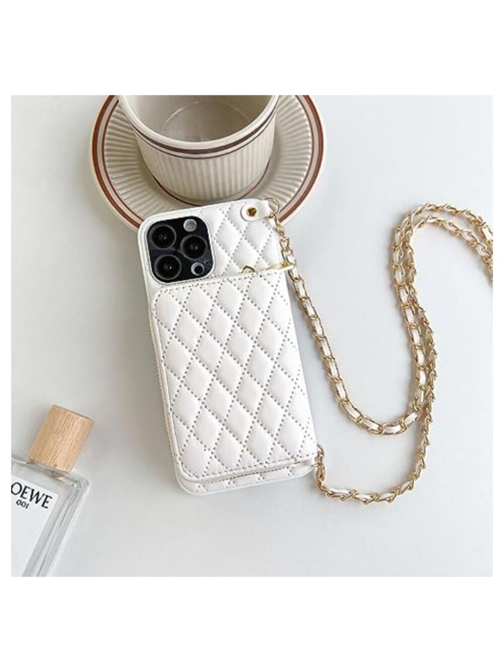 Quilted PU Leather Crossbody Wallet Case for iPhone 16 Pro Max Detachable Chain